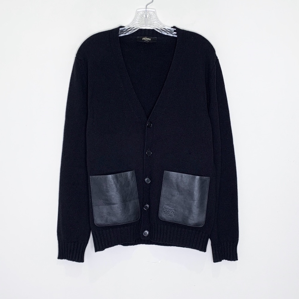 Fendi Leather Pocket Cardigan (Sz IT 44) Wool Silk Cashmere Karligraphy Black